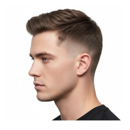Young man with short hair and a mid taper fade, featuring neatly blended sides and a clean, simple top for a sharp look.