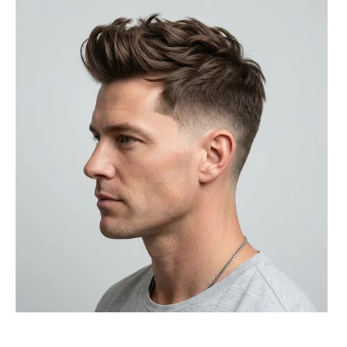 Modern men's haircut featuring a voluminous quiff styled upward and backward with a low taper fade on the sides and back. The textured top adds height and movement, while the low fade provides a sharp, polished finish