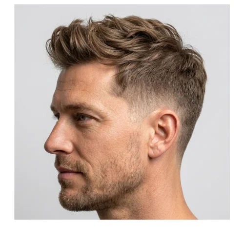 Modern men's haircut featuring a casual, textured quiff styled upward and backward with a low taper fade on the sides and back. The relaxed top adds natural volume and movement, while the low taper creates a clean, subtle finish, ideal for a stylish yet effortless everyday look.