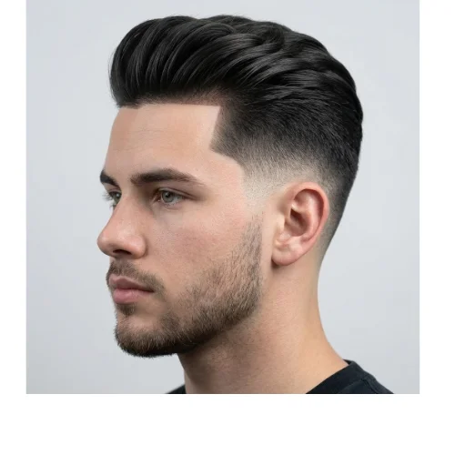 Modern men's haircut featuring a neatly styled quiff with a smooth, polished top and a clean fade on the sides and back. The structured quiff adds height and sophistication, while the fade around the ears and neckline creates a sharp, professional finish, 
