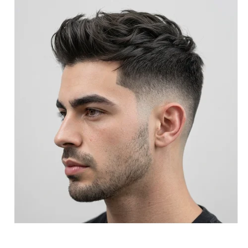 Modern men's haircut featuring a layered quiff styled upward and backward, paired with a clean taper fade on the sides and back. The layered top adds volume, texture, and movement, while the taper fade creates a sharp, polished finish,