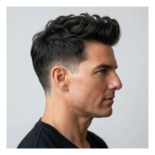 Modern men's haircut featuring a fresh, voluminous quiff styled upward and backward, paired with a clean fade on the sides and back. The textured top adds height and movement, while the fade around the ears and neckline creates a sharp, polished finish,