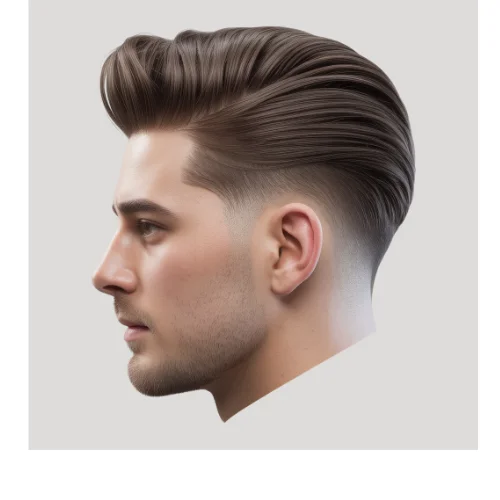 Side view of a classic men's haircut featuring a neatly styled quiff on top with a low taper fade on the sides and back. The textured top adds volume and movement, while the low taper fade creates a sharp and polished finish,