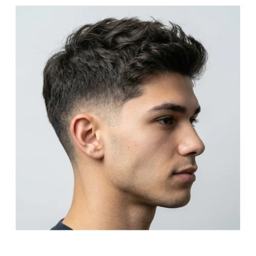 Front and side view of a modern men's haircut featuring a low taper fade on the sides and back with a short textured crop on top. The textured layers add volume and movement, making thin hair appear fuller, while the low taper creates a clean, sharp finish around the ears and neckline. Ideal for men with fine hair seeking a stylish, low-maintenance look.