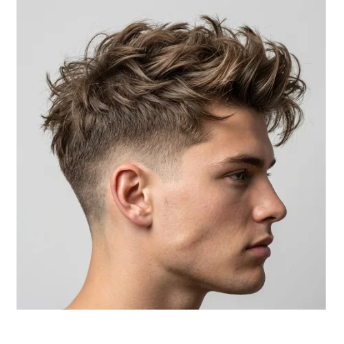 Modern men's haircut featuring a low taper fade on the sides and back with thin hair styled into a messy, textured top. The layered, tousled hair adds volume and movement, making fine hair appear fuller, while the low taper creates a sharp, polished finish. Ideal for men seeking a casual yet stylish look with low-maintenance styling.