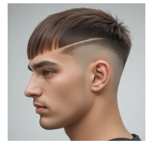 Modern men's haircut featuring a low taper fade on the sides and back with a thin, textured fringe styled forward on top. The fringe adds subtle volume and movement, making fine hair appear fuller, while the low taper creates a sharp, polished finish around the ears and neckline. Perfect for men with thin hair seeking a stylish, contemporary look.