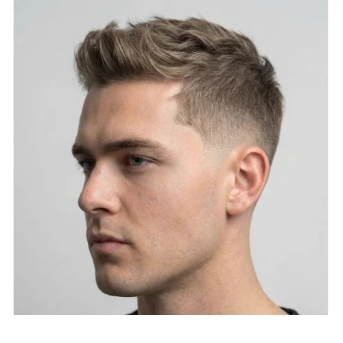 Modern men's haircut featuring a low taper fade on the sides and back with thin hair styled into a voluminous, textured quiff on top. The quiff adds height and movement, making fine hair appear fuller, while the low taper fade provides a sharp, polished finish around the ears and neckline. Ideal for men with thin hair seeking a stylish, contemporary look.