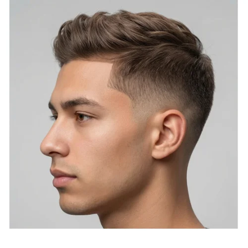 Modern men's haircut featuring a low taper fade on the sides and back with thin hair styled into a neat comb-over on top. The combed-over top adds structure and volume to fine hair, while the low taper fade creates a sharp, polished finish around the ears and neckline. Perfect for men with thin hair seeking a sleek, professional, and stylish look.