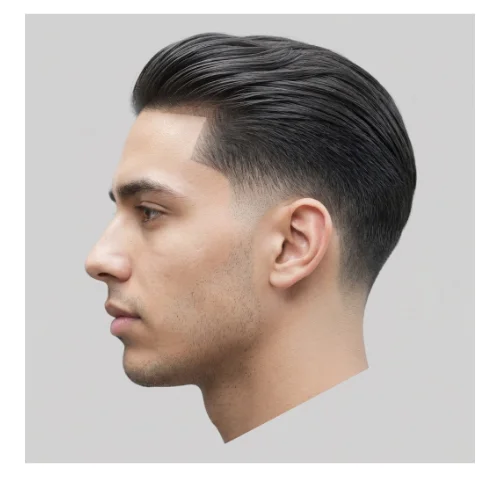 Modern men's haircut featuring a low taper fade on the sides and back with thin hair styled into a slicked-back top. The smooth, combed-back hair adds a polished and sophisticated look, while the low taper fade provides a clean and sharp finish around the ears and neckline. Ideal for men with fine hair seeking a professional and stylish hairstyle.