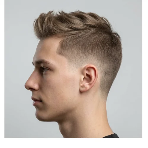 Modern men's haircut featuring a low taper fade on the sides and back with thin hair styled into a brush-up on top. The textured, lifted hair adds volume and movement to fine hair, while the low taper fade creates a sharp, polished finish around the ears and neckline. Perfect for men seeking a stylish, contemporary look that’s easy to maintain.