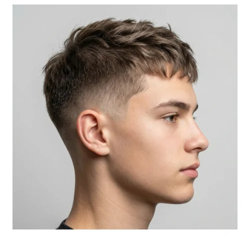 Modern men's haircut featuring a low taper fade on the sides and back with thin hair styled into a short, textured crop on top. The cropped top adds subtle volume and texture to fine hair, while the low taper fade creates a sharp, polished finish around the ears and neckline. Ideal for men seeking a low-maintenance, stylish, and contemporary look.