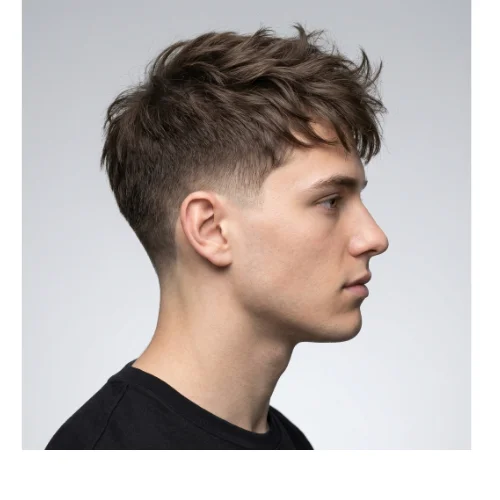 Modern men's haircut featuring a low taper fade on the sides and back with thin hair styled casually on top. The textured, relaxed top adds natural volume and movement to fine hair, while the low taper fade provides a sharp, polished finish around the ears and neckline. Perfect for men seeking an effortless, stylish, everyday look.