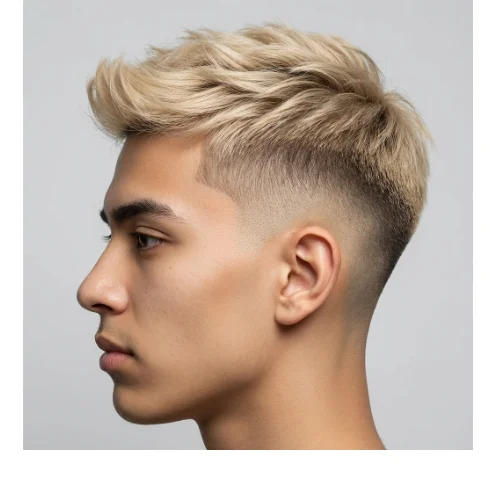 Modern men's haircut featuring a low taper fade on the sides and back with thin hair styled into a layered top. The layered texture adds volume and movement to fine hair, while the low taper fade creates a sharp, polished finish around the ears and neckline. Ideal for men seeking a stylish, contemporary hairstyle that enhances thin hair.