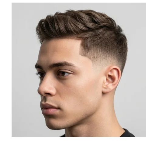 Modern men's haircut featuring a low taper fade on the sides and back with thin hair styled neatly on top for a professional look. The smooth, polished top adds sophistication, while the low taper fade provides a sharp, clean finish around the ears and neckline. Ideal for men with fine hair seeking a stylish, office-appropriate hairstyle.