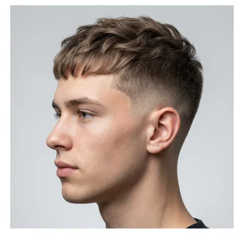 Modern men's haircut featuring a low taper fade on the sides and back with thin hair styled into a French crop on top. The short, textured fringe adds volume and movement to fine hair, while the low taper fade creates a sharp, polished finish around the ears and neckline. Perfect for men seeking a stylish, low-maintenance hairstyle that enhances thin hair.
