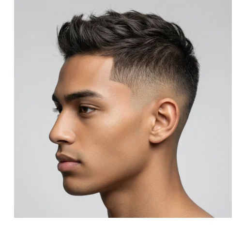 Modern men's haircut featuring a low taper fade on the sides and back with thin hair styled into a mini quiff on top. The small, textured quiff adds subtle height and movement to fine hair, while the low taper fade creates a sharp, polished finish around the ears and neckline. Ideal for men seeking a stylish, contemporary look with low-maintenance styling.