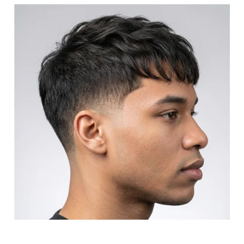 Modern men's haircut featuring a low taper fade on the sides and back with thin hair styled into a short fringe on top. The textured fringe adds subtle volume and movement to fine hair, while the low taper fade creates a sharp, polished finish around the ears and neckline. Ideal for men seeking a stylish, low-maintenance look that enhances thin hair naturally.