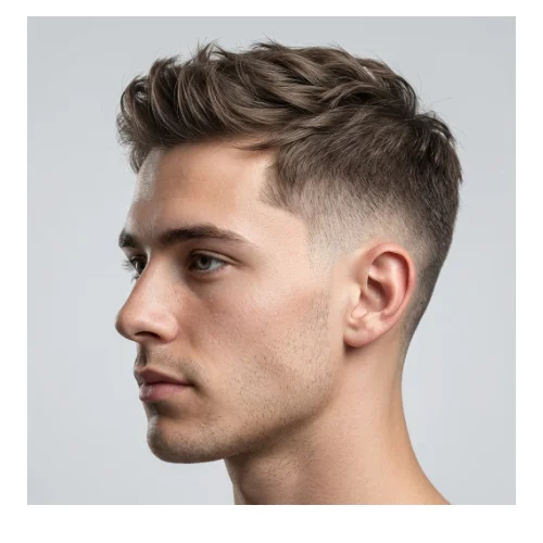 Modern men's haircut featuring a low taper fade on the sides and back with thin hair styled into a textured top. The layered, textured top adds volume and movement to fine hair, while the low taper fade creates a sharp, polished finish around the ears and neckline. Perfect for men seeking a stylish, contemporary hairstyle that enhances thin hair naturally.