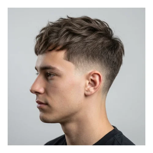 Modern men's haircut featuring a low taper fade on the sides and back with thin hair styled into a modern, textured top. The textured top adds volume and movement to fine hair, while the low taper fade provides a clean, sharp finish around the ears and neckline. Ideal for men seeking a trendy, low-maintenance hairstyle with a polished and contemporary look.