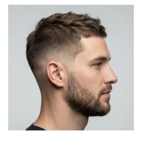 Modern men's haircut featuring a low taper fade on the sides and back with thin hair styled short on top. The short, textured top adds subtle volume and movement to fine hair, while the low taper fade creates a sharp, polished finish around the ears and neckline. Perfect for men seeking a low-maintenance, stylish, and contemporary look.