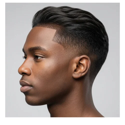 Modern men's haircut featuring a low taper fade on the sides and back with thin hair styled into a classic textured top. The subtle layering adds volume and movement to fine hair, while the low taper fade creates a sharp, polished finish around the ears and neckline. Ideal for men seeking a timeless, professional, and stylish hairstyle.