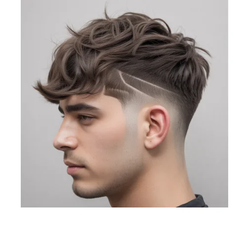Low taper fade with messy textured fringe featuring wavy layered hair on top, a clean taper fade around the ear, and a sharp hair design line on the side.
