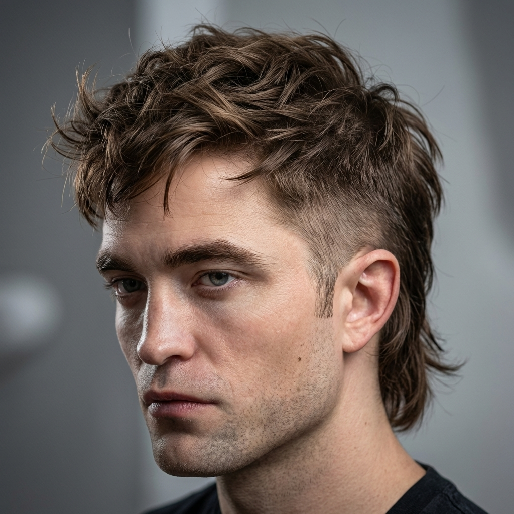 Low Taper Fade Mullet with textured top hairstyle for men, featuring a smooth fade on the sides and voluminous textured hair on top.