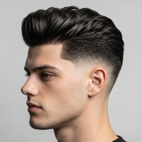 Low taper fade modern haircut with pompadour, featuring a voluminous lifted top and clean faded sides for a bold contemporary look