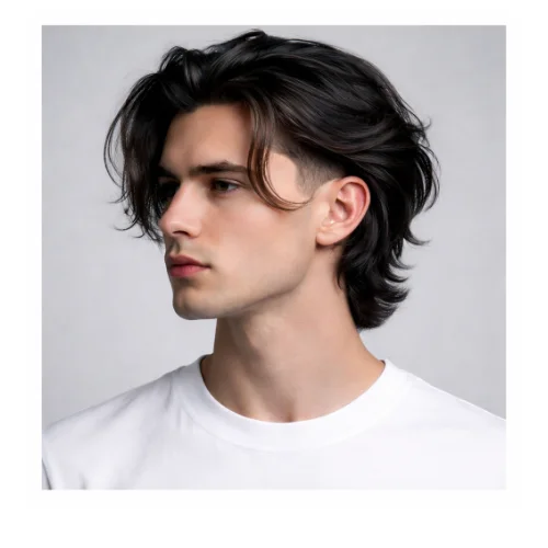 Low taper fade modern haircut with long hair, featuring longer flowing top and clean faded sides for a stylish contemporary look
