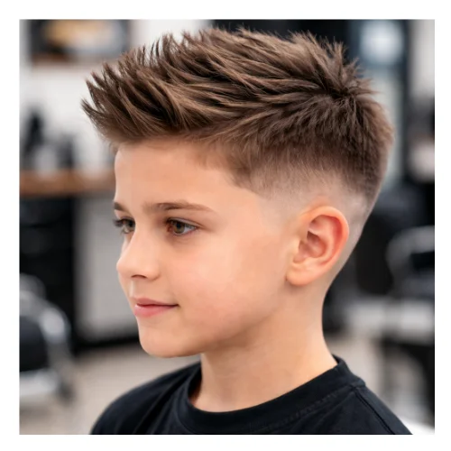 Low taper fade haircut for kids with spiky hair, featuring clean faded sides and a textured spiked top for a fun modern look