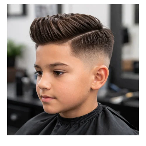 Low taper fade haircut for kids with pompadour, featuring clean faded sides and a voluminous styled top for a classic modern look