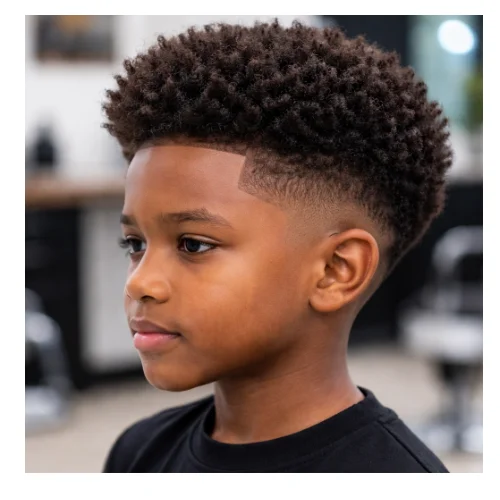 Low taper fade haircut for kids with afro hair, featuring clean faded sides and a natural curly afro top for a stylish look