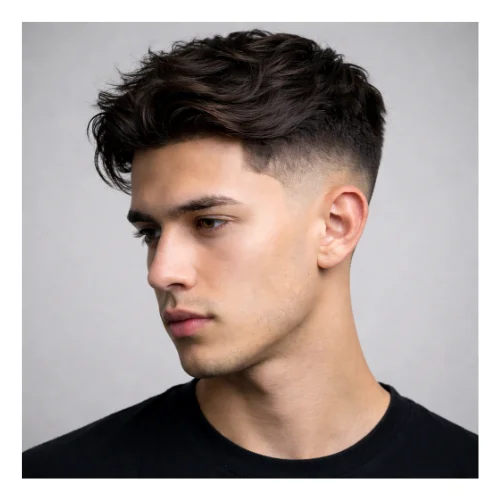 Low taper fade modern haircut with textured crop, featuring choppy layered top and clean faded sides for a trendy sharp look