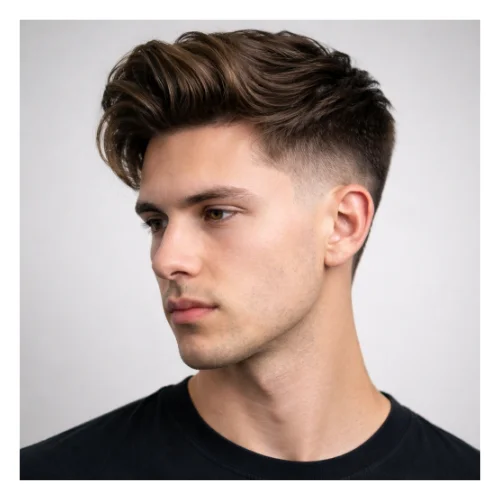 Low taper fade modern haircut with quiff, featuring voluminous lifted front and clean faded sides for a stylish contemporary look
