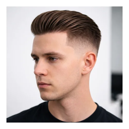 Low taper fade modern haircut with slick back, featuring smooth combed-back top and clean faded sides for a sleek contemporary look