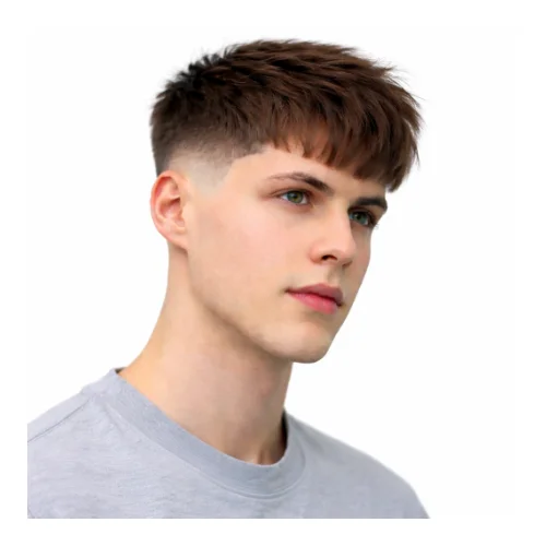 Low taper fade modern haircut with messy hair, featuring a tousled textured top and clean faded sides for a relaxed stylish look