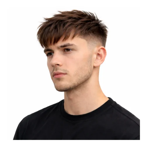 Low taper fade modern haircut with fringe, featuring a soft forward fringe and clean faded sides for a trendy contemporary look