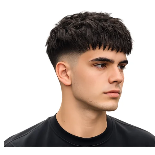 Klassischer Low Taper mit French Crop Frisur mit kurzem geradem Pony, sauberem Oberkopf und sauberem Low Taper Fade an den Seiten für einen zeitlosen und einfachen Look
