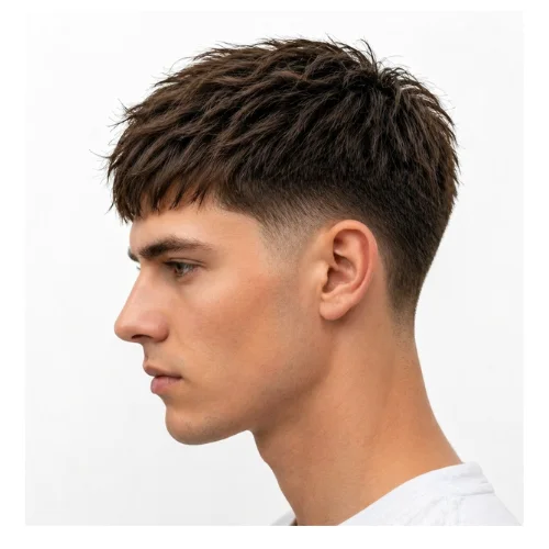 Low taper fade French crop textured hairstyle featuring choppy textured top, defined fringe, and clean low taper sides for a modern stylish finish