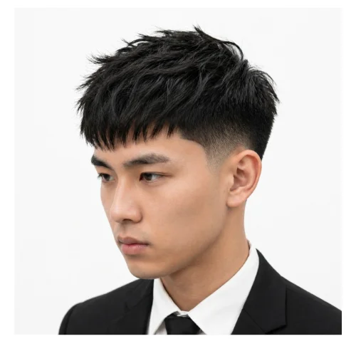 Low Taper Fade French Crop mit unordentlicher Frisur mit zerzaustem Oberkopf, weichem Pony und sauberem Low Taper Fade für einen entspannten lässigen Look