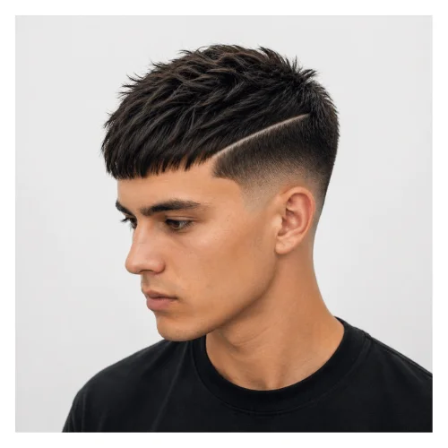 French Crop mit Hard Part und Low Taper Fade mit klar rasierter Scheitellinie, strukturiertem Oberkopf und sauberen taper Seiten für einen mutigen modernen Stil