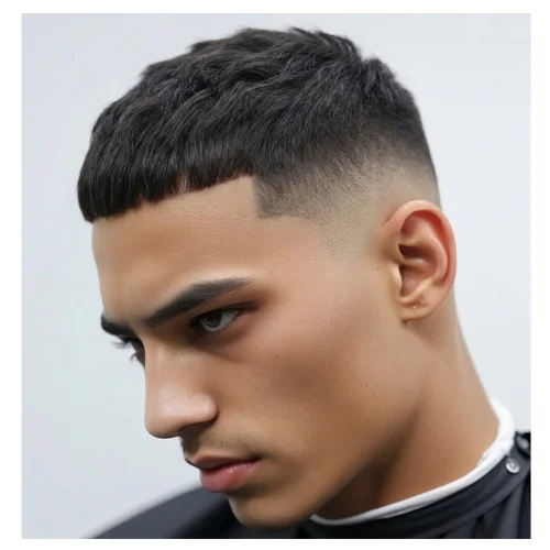 Low Taper Fade French Crop kurze Frisur mit sehr kurzer Haarlänge oben, sauberem Pony und glattem Low Taper Fade für einen ordentlichen pflegeleichten Look