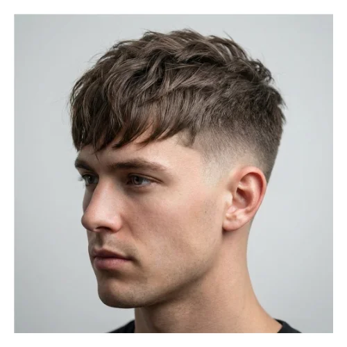Low Taper Fade French Crop mit langem Pony Frisur mit verlängertem Pony über der Stirn, strukturierter Oberkopf und saubere Low Taper Seiten für ein trendiges modernes Aussehen
