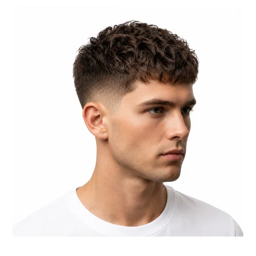 Low Taper Fade French Crop mit lockiger Frisur mit natürlichen Locken oben, weichem Pony und sauberem Low Taper Fade für einen frischen strukturierten Look