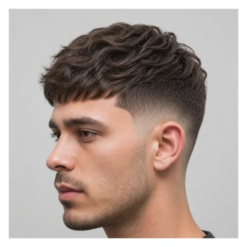 Low Taper Fade French Crop mit welliger Frisur mit weichen Wellen oben, natürlicher Bewegung und sauberem Low Taper Fade für einen entspannten modernen Stil