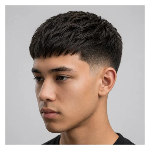 Low Taper Fade French Crop für dickes Haar mit dichtem Volumen oben, strukturiertem Pony und sauberem Low Taper Fade für einen starken vollen Look