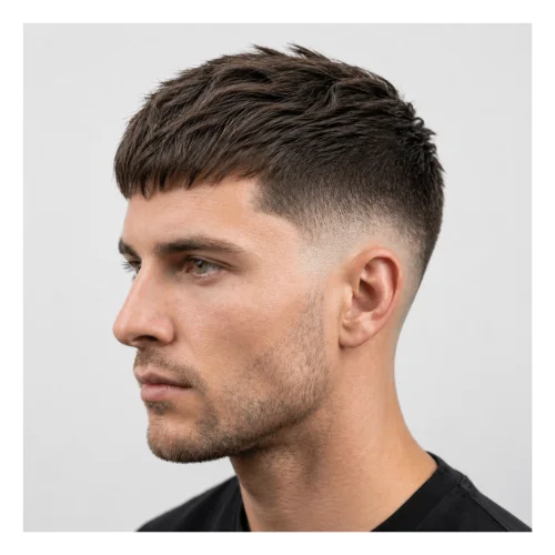Low Taper Fade French Crop moderne Frisur mit ausgewogener Textur oben, sauberem Pony und glattem Low Taper Fade für einen frischen zeitgemäßen Stil