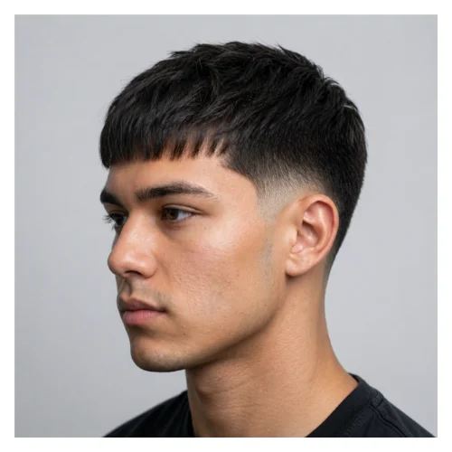 Low Taper Fade mit French Crop geradem Pony Frisur mit gerade geschnittenem Pony, scharfen Kanten und sauberem Low Taper Fade für einen markanten strukturierten Look