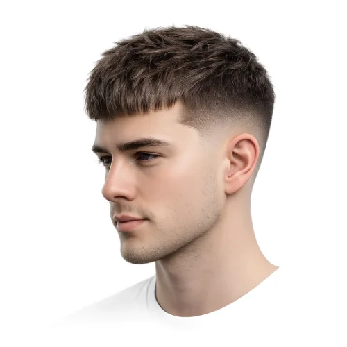 Low Taper Fade French Crop minimalistische Frisur mit einfachem kurzem Oberkopf, dezentem Pony und sauberem Low Taper Fade für einen ordentlichen minimalistischen Stil