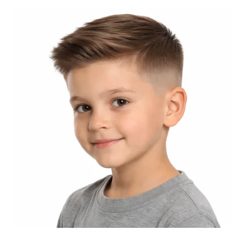 Young boy with straight hair neatly styled on top and a clean low taper fade blending smoothly around the ears and neckline.